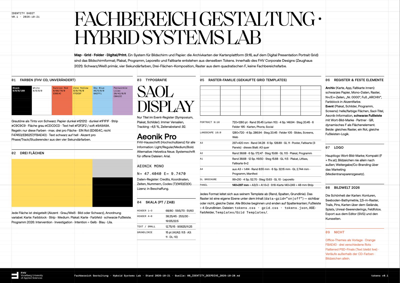 Identitätsblatt: Saol-Titel, Aeonik-Text, Mono-Datenzeile, Sunrise Red